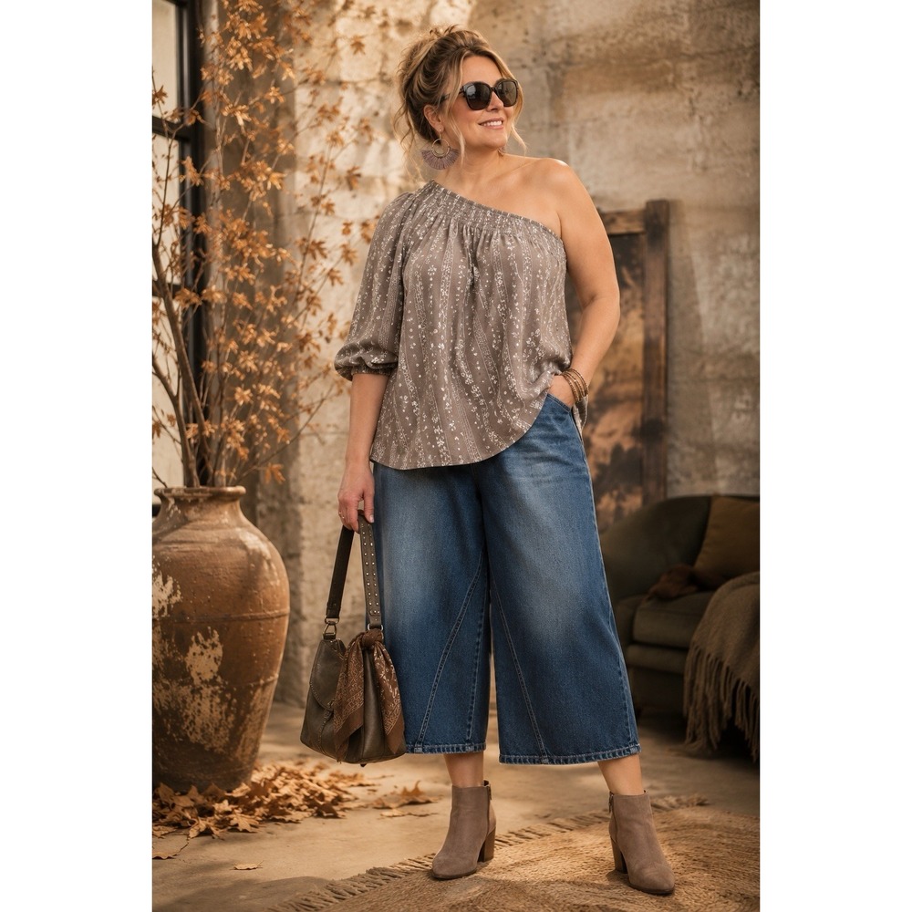 Y2K Cato Denim Gaucho Culotte Sz 14 & Olivaceous Top Sz L  Boho Cottagecore